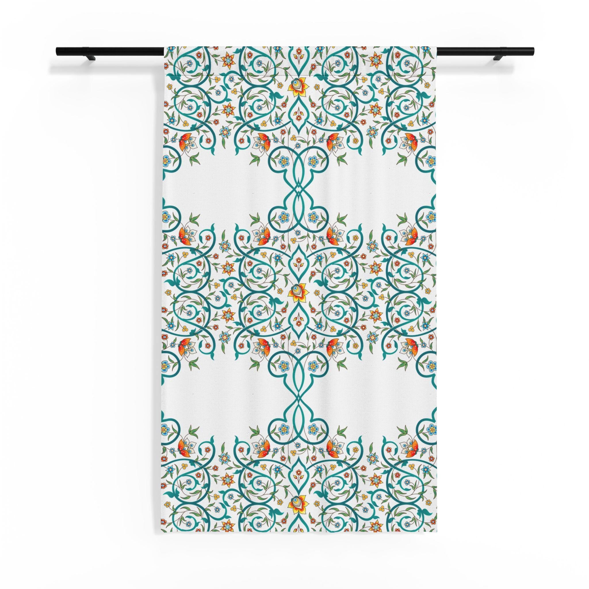 Teal Floral Medallion Sheer Window Curtain | Boho Lace Pattern
