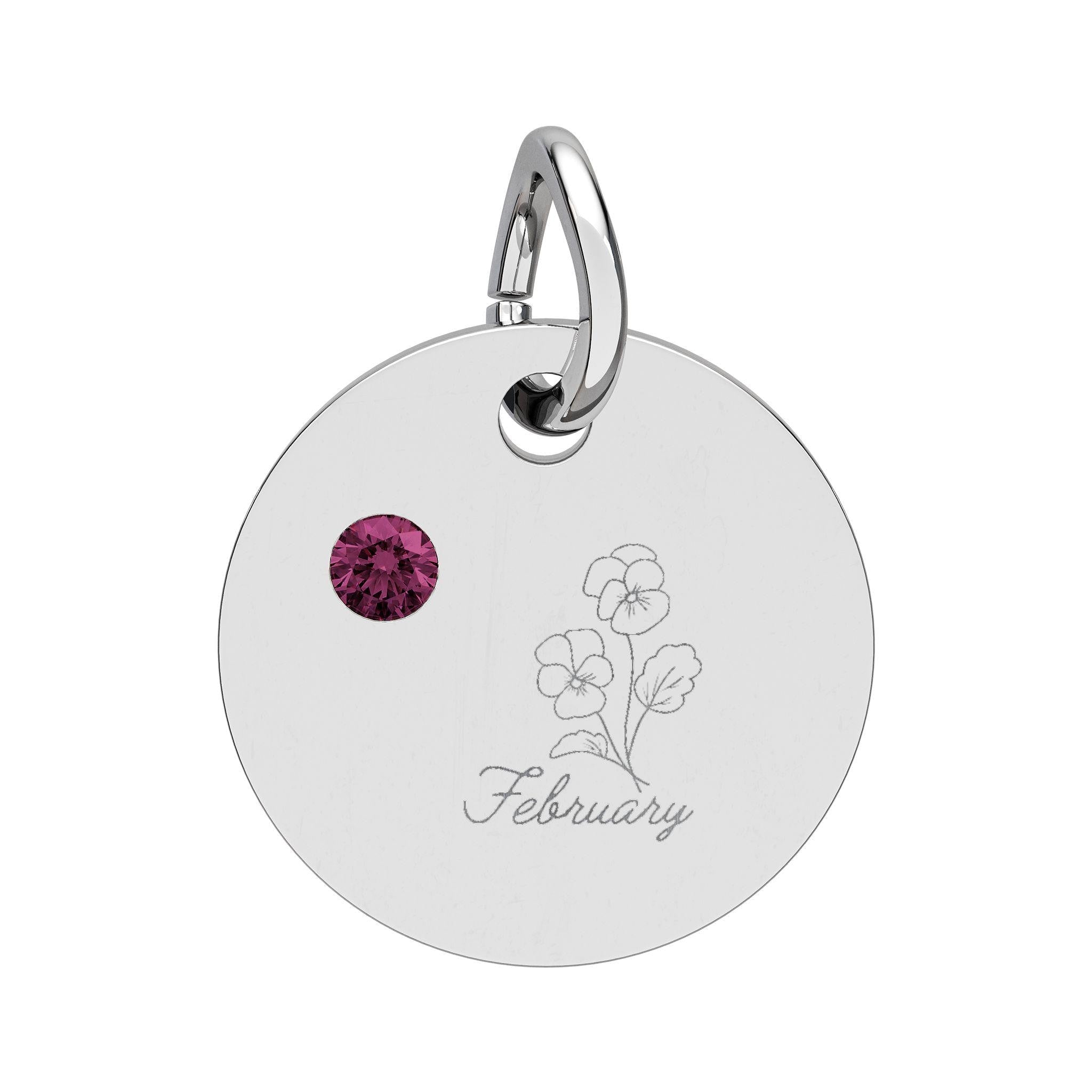 February Birthstone/Birth flower pendant, Engraved circle charm