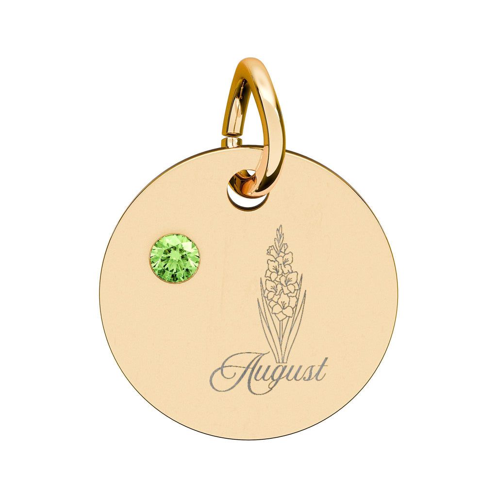 August Birthstone/Birth flower pendant, Engraved circle charm