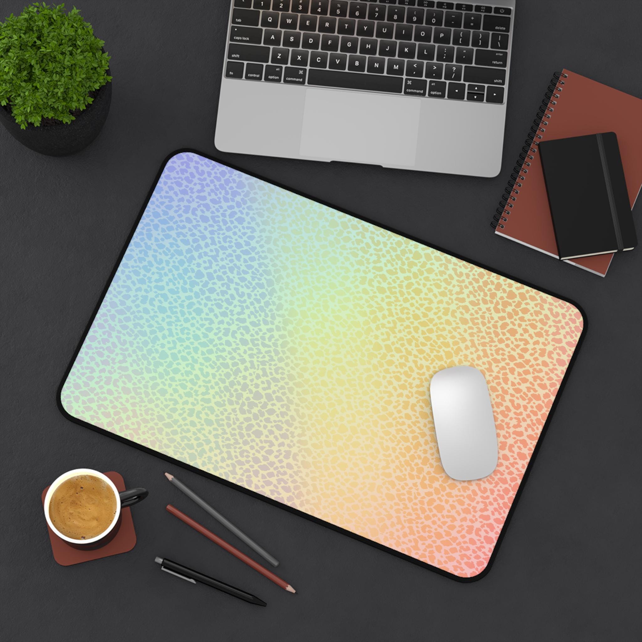 Pastel Rainbow Leopard Print Desk Mat | Gradient Animal Pattern Mousepad
