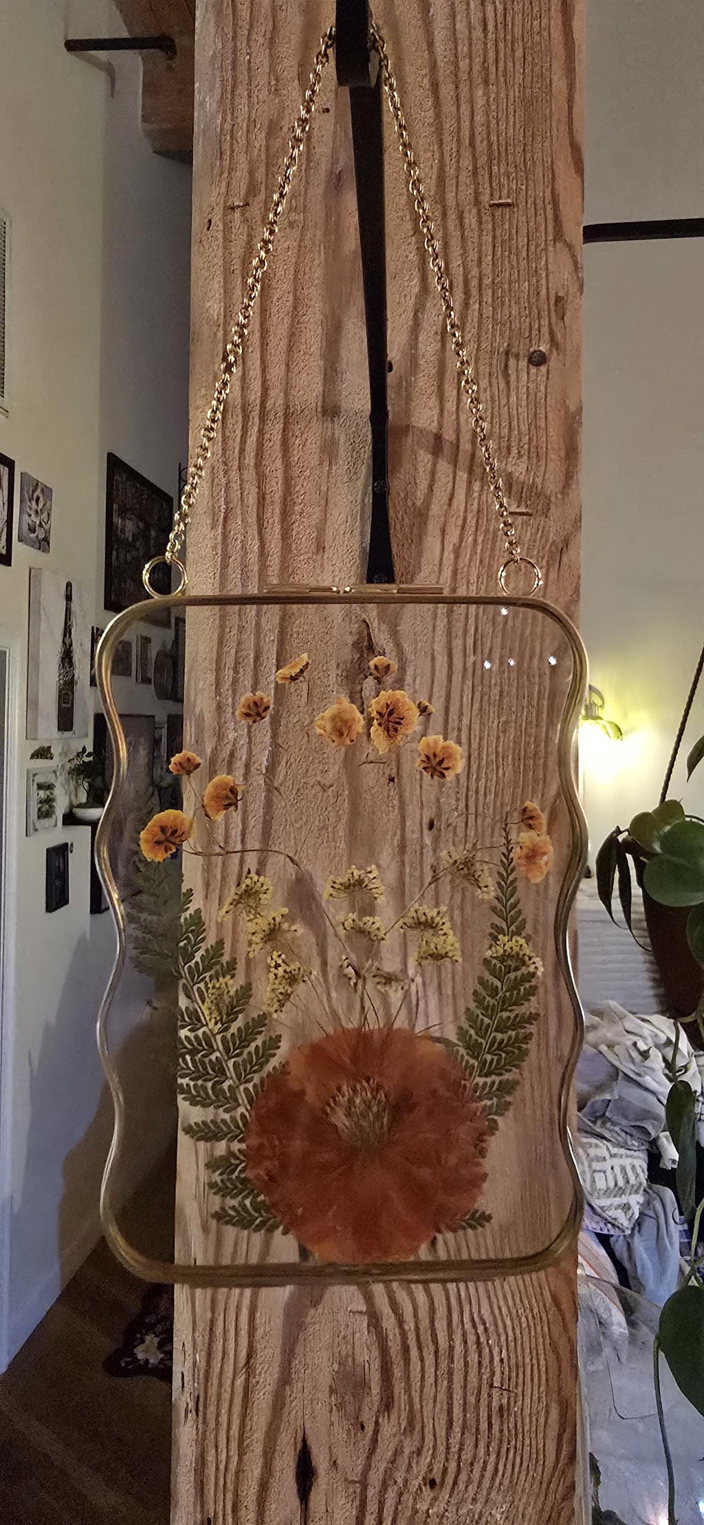 Pressed flower glass hanging frame, Orange flowers
