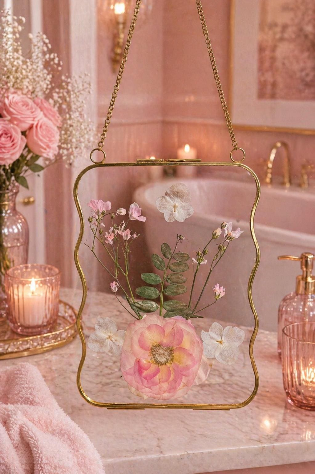 Pressed flower glass hanging frame/pink flowers. Gifts for her