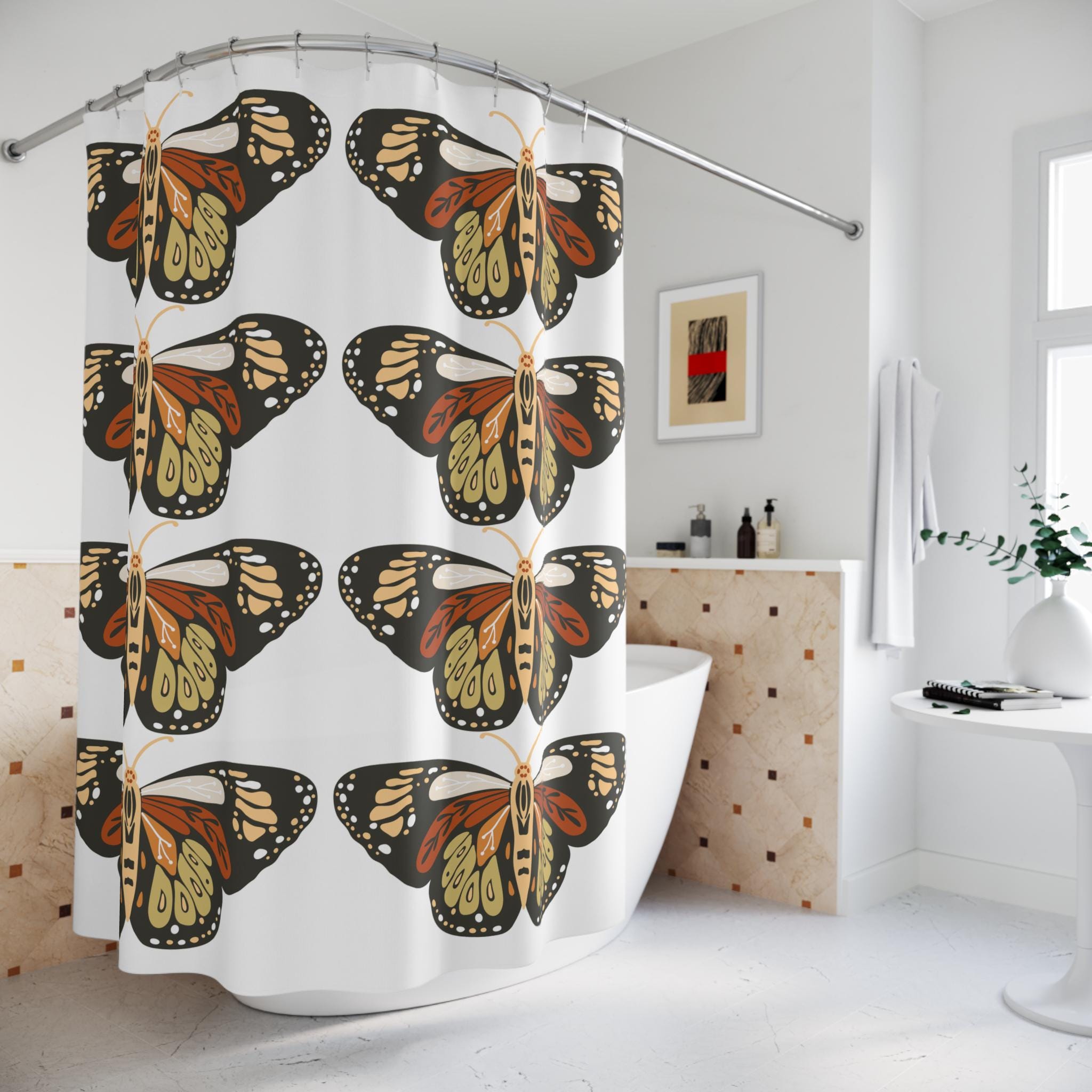 Retro Monarch Butterfly Shower Curtain | Vintage Butterfly Pattern