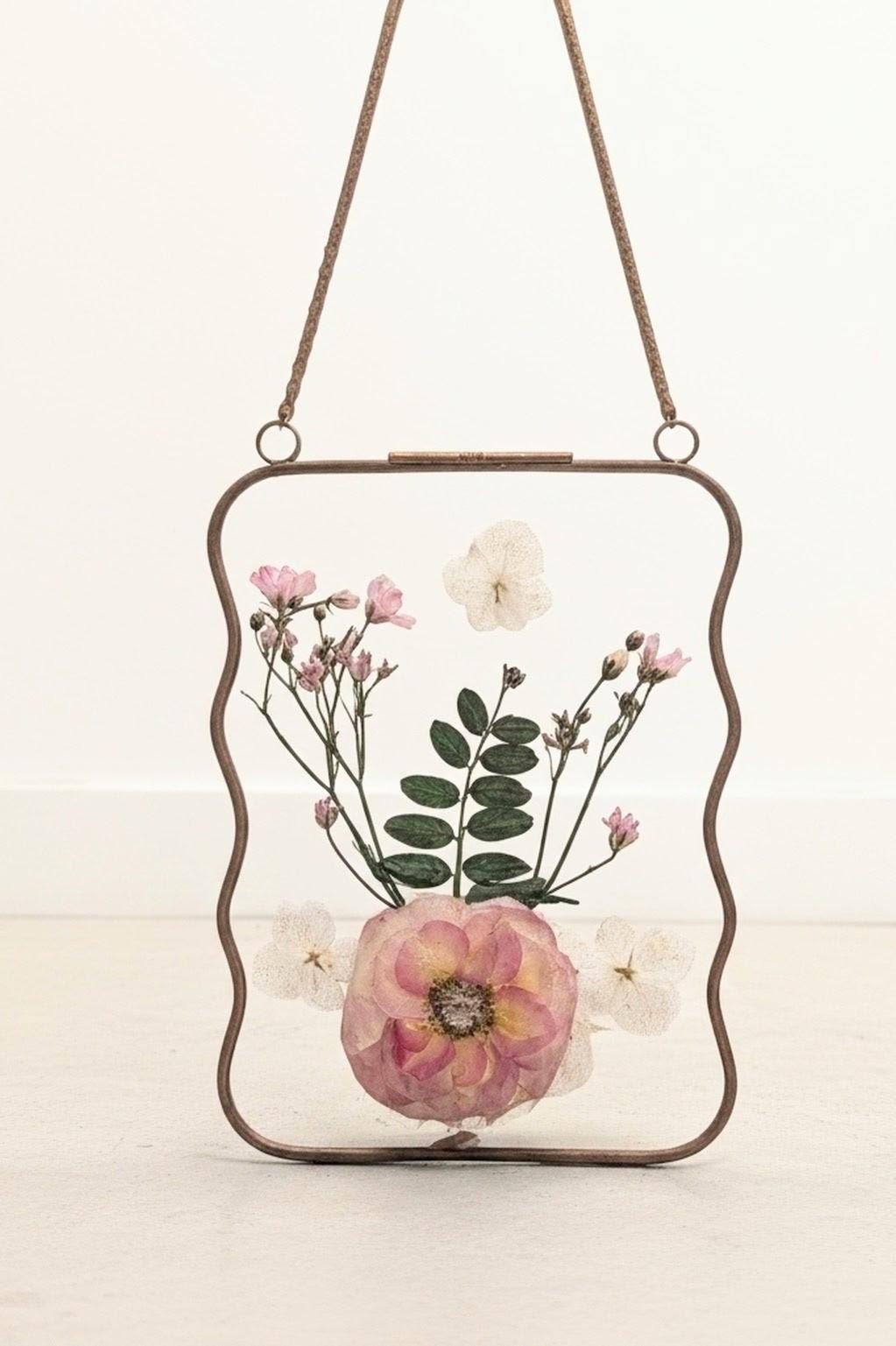 Pressed flower glass hanging frame/pink flowers. Gifts for her