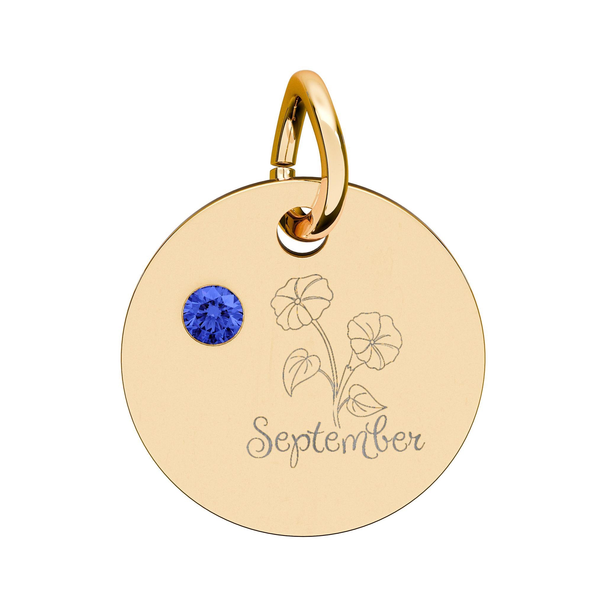 September Sapphire Birthstone/Birth flower, Engraved Circle Charm Pendant