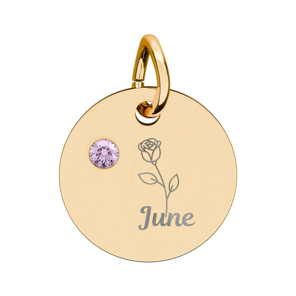 June Birthstone/Birth flower pendant, Engraved circle charm