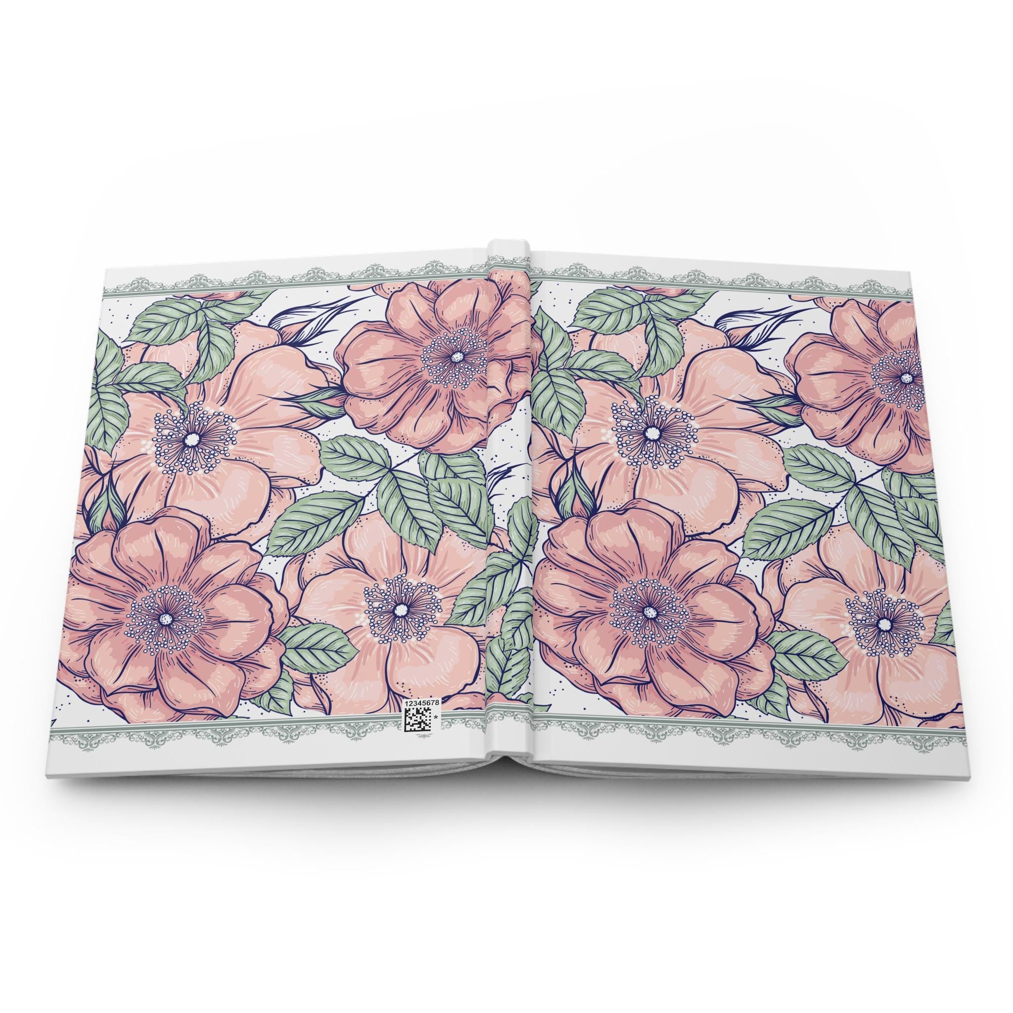 Peach Floral Sketch Hardcover Journal | Botanical Roses, Leaf Pattern Notebook