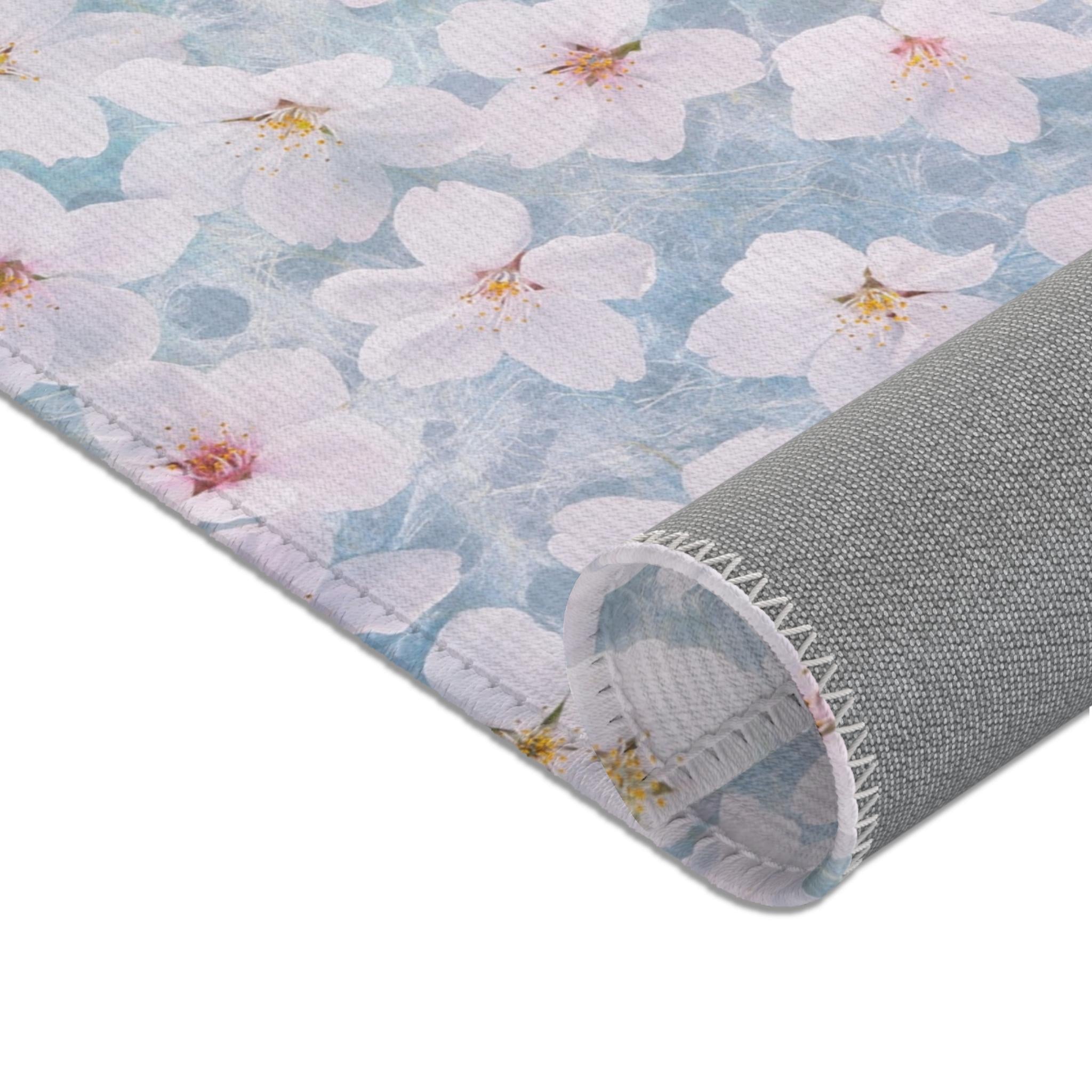 White Cherry Blossom Pattern Area Rug | Floral Spring Accent Rug