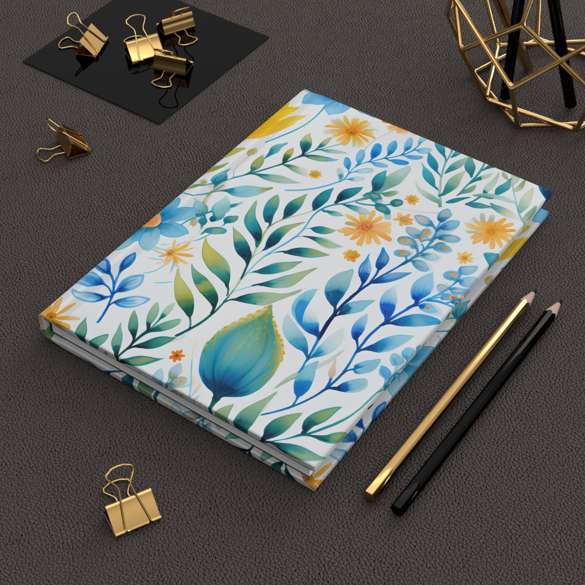 Blue and Yellow Floral Pattern Hardcover Journal | Botanical Leaves Notebook