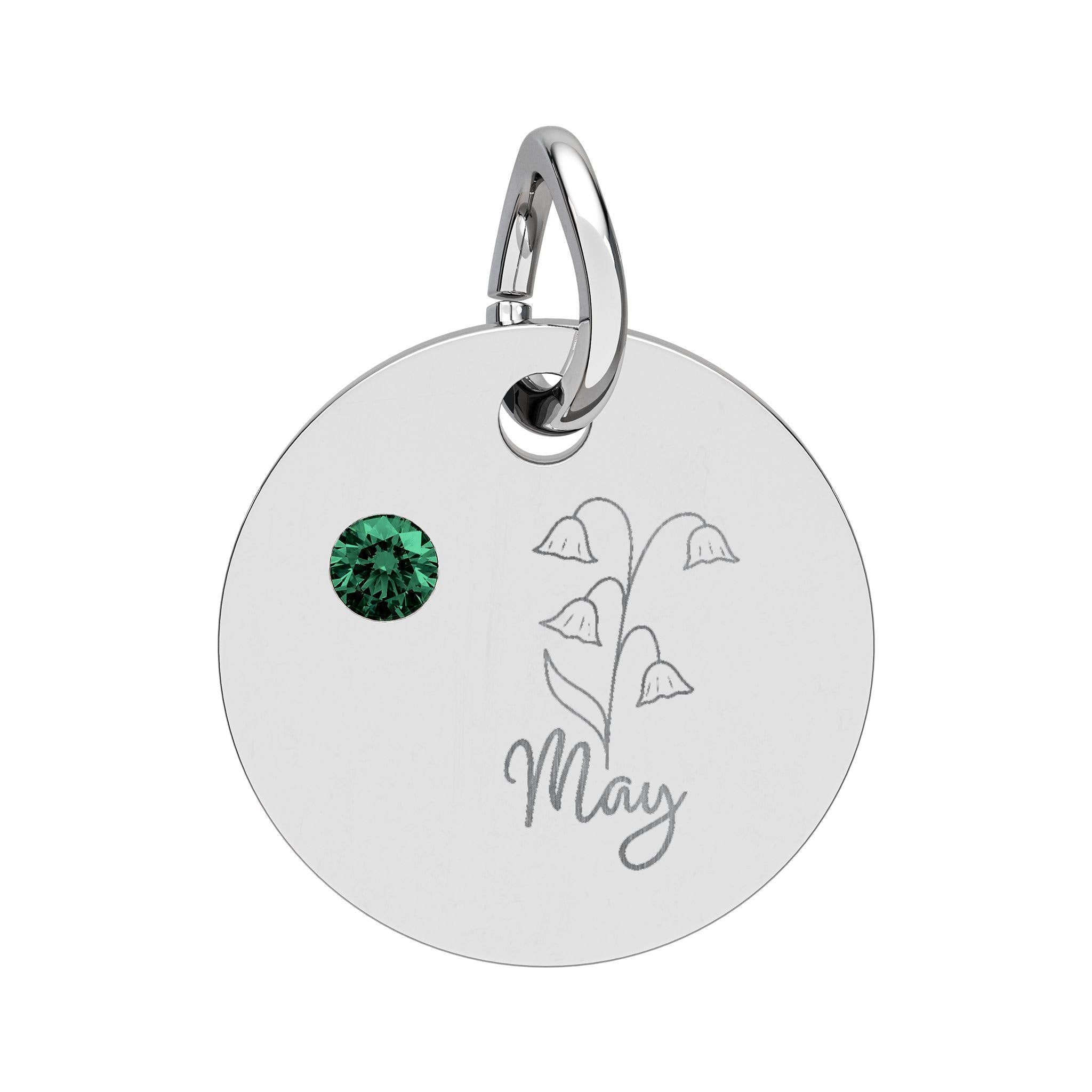 May Birthstone/Birth Flower pendant, Engraved Circle charm
