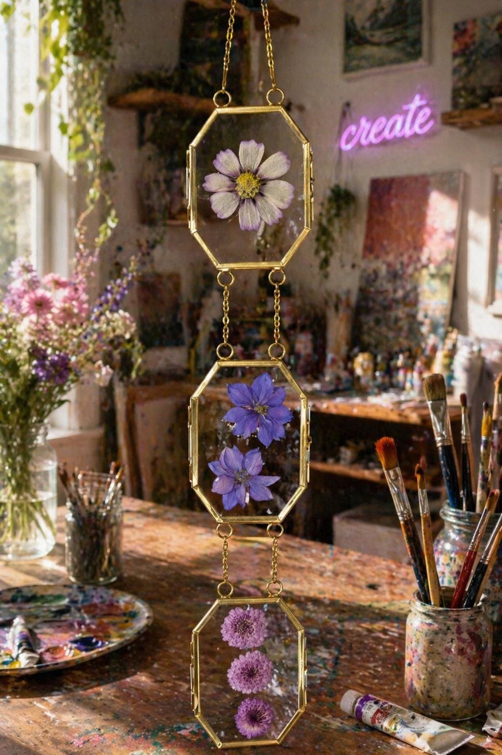Pressed flower glass hanging frame, Purple flowers