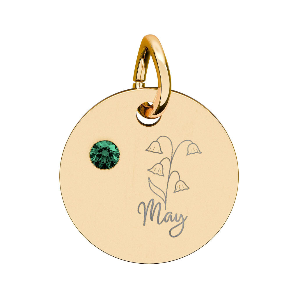 May Birthstone/Birth Flower pendant, Engraved Circle charm