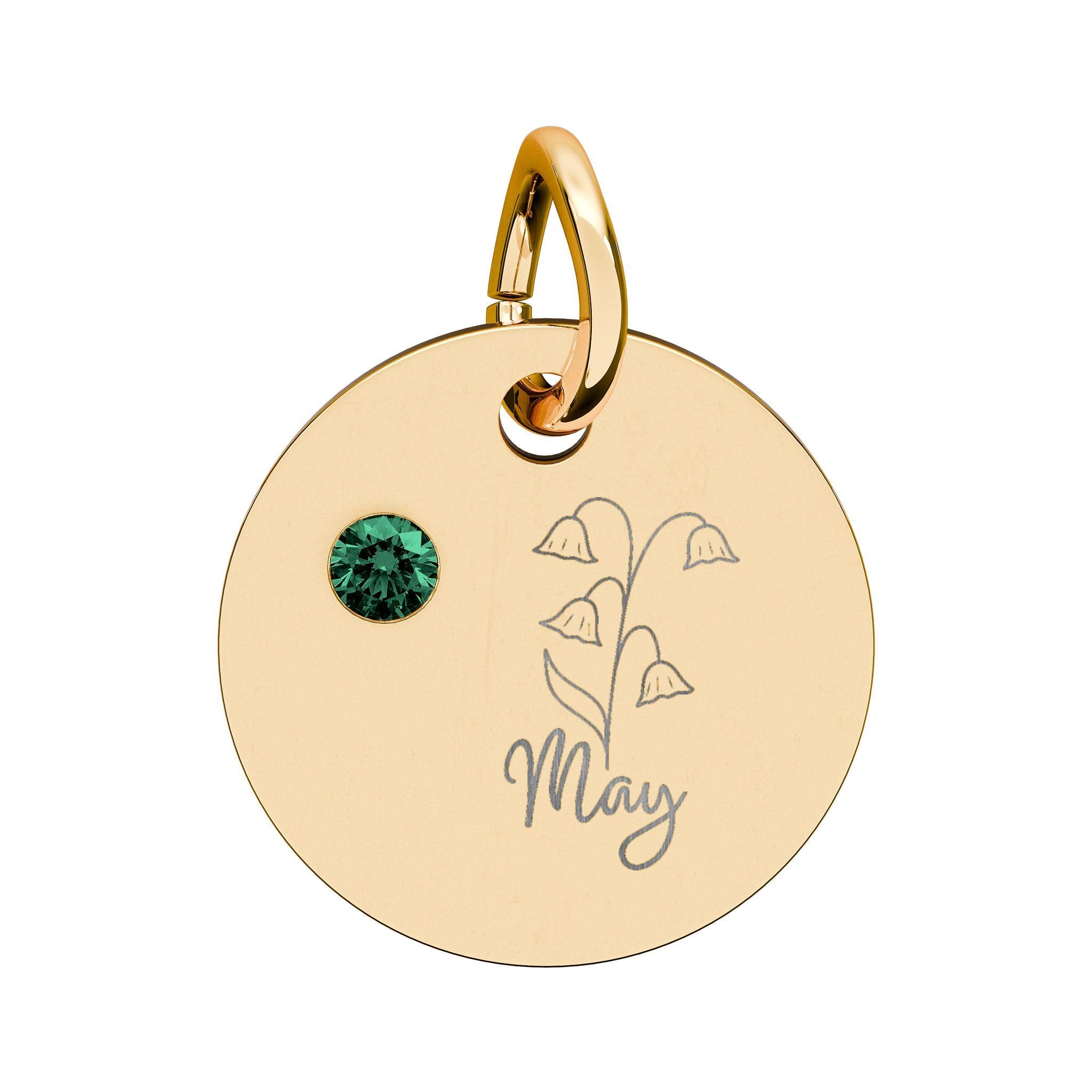 May Birthstone/Birth Flower pendant, Engraved Circle charm