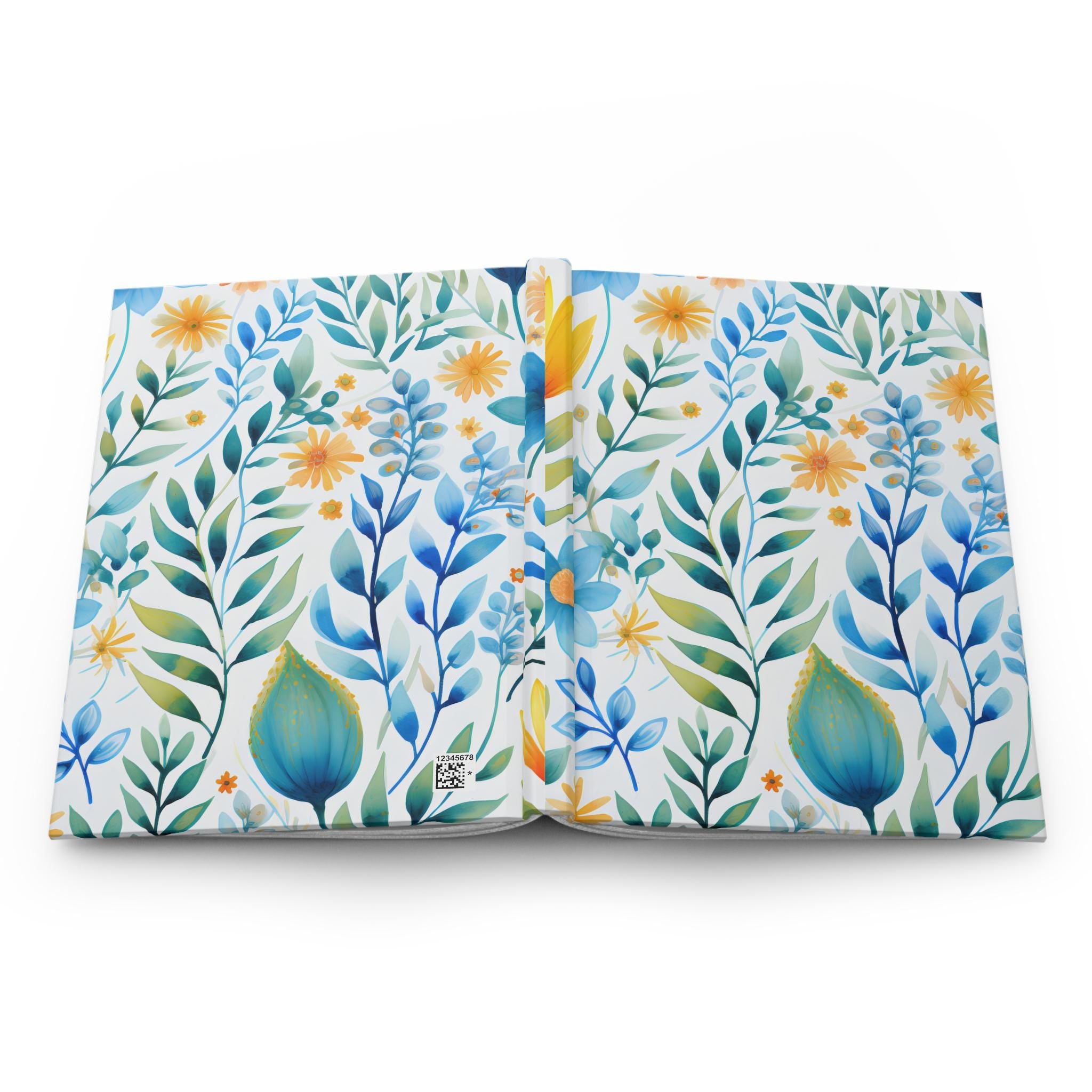 Blue and Yellow Floral Pattern Hardcover Journal | Botanical Leaves Notebook