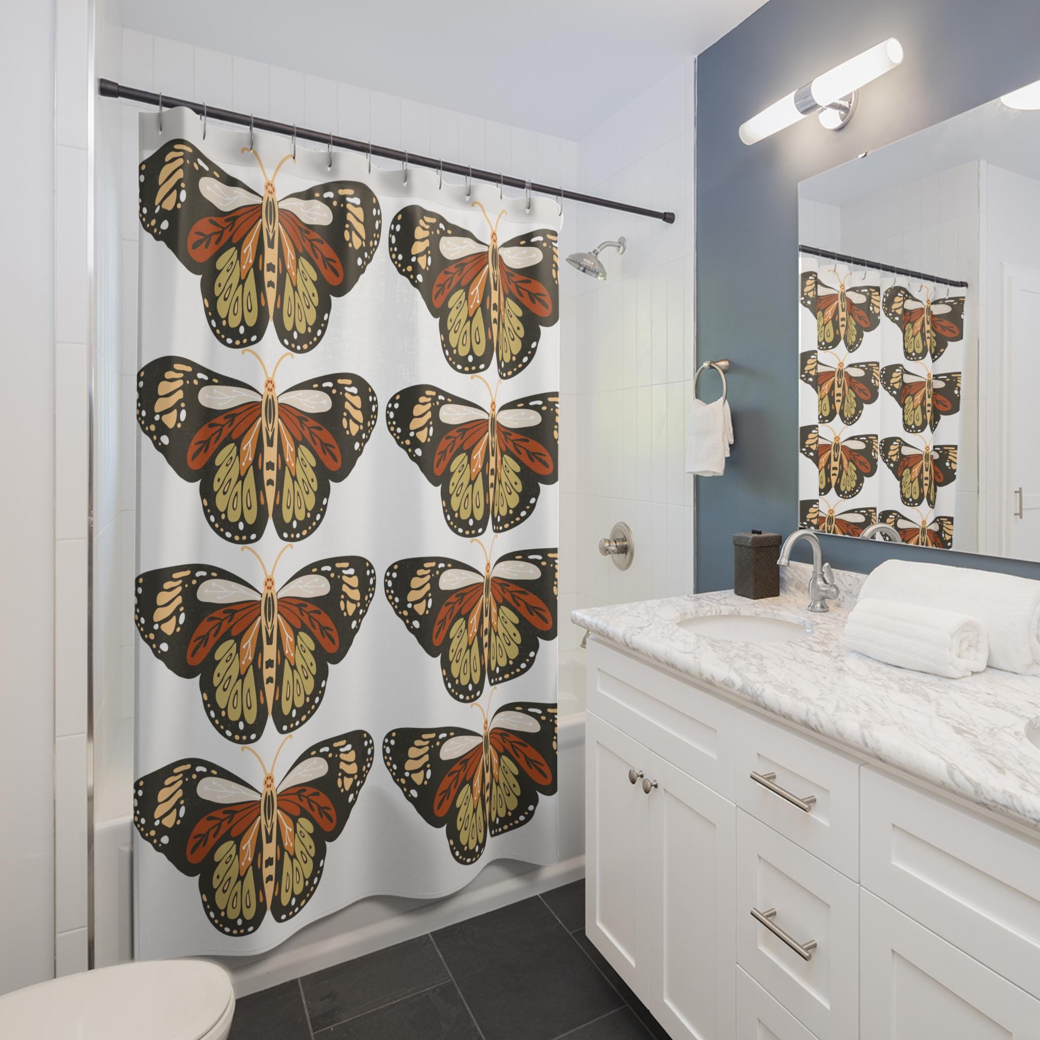 Retro Monarch Butterfly Shower Curtain | Vintage Butterfly Pattern