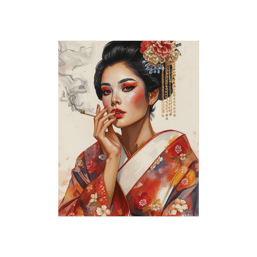 Geisha Portrait Fine Art Poster | Asian Woman Smoking, Kimono Wall Art